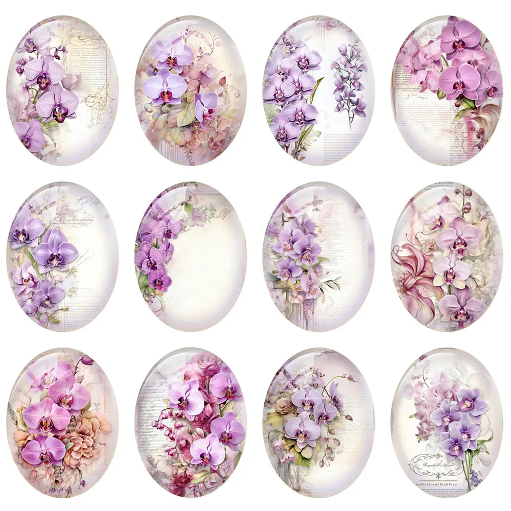 10pcs/lot Moth Orchids Purple Flower Oval Photo Glass Cabochon Flatback Demo Flat Back Cameo For Diy Jewelry Making Supplies