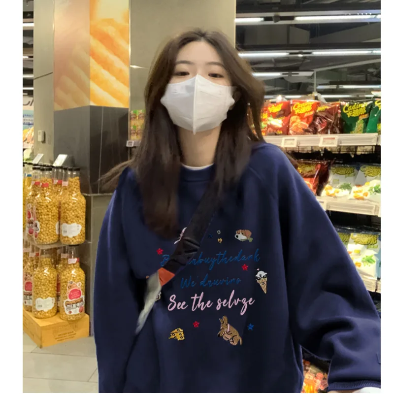 

Японская студенческая толстовка оверсайз с мультяшным принтом собаки, на флисовой подкладке, с длинными рукавами, женская зимняя хлопковая толстовка