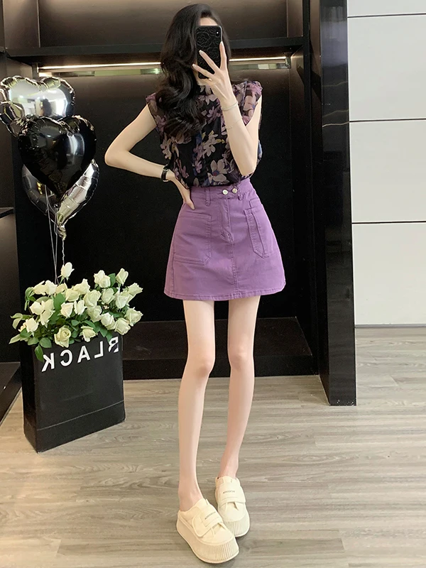 

Summer Fashionable Two-Piece Set Women's Light Maturity Style Purple Chiffon Sleeveless Top And Denim Short Skirt Ensemble