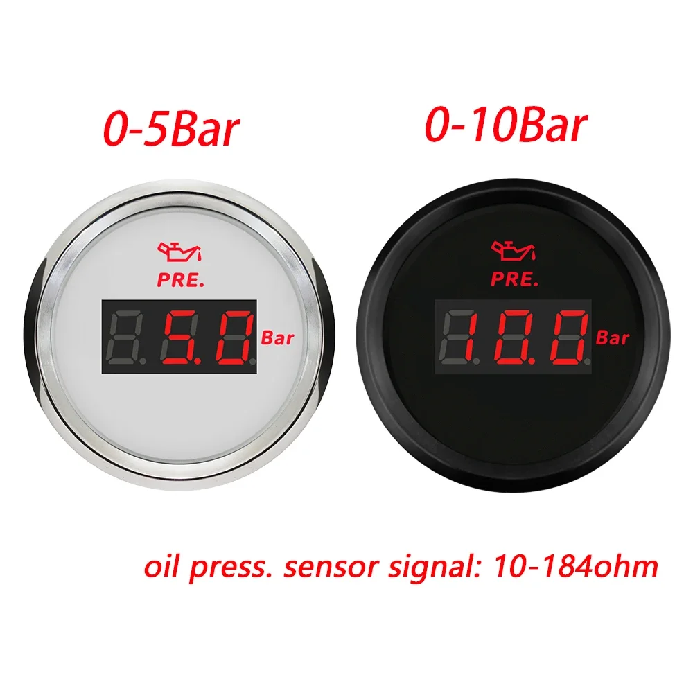 

52mm Oil Pressure Gauge Meter 0-5Bar 0-75Psi 0-10Bar 0-145Psi with Red Backlight for Car Truck Boat Universal Waterproof 9-32V