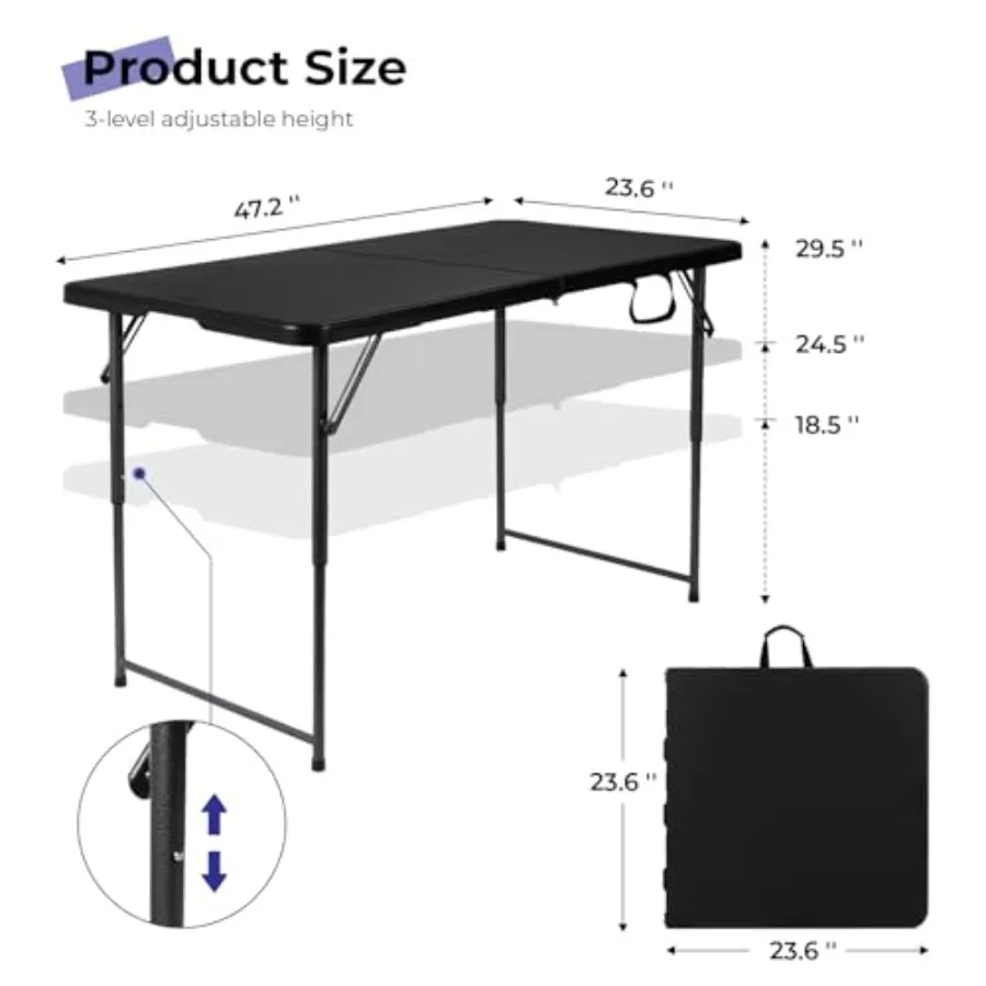 Folding Table 4 Foot Portable Heavy Duty Plastic Fold-in-Half Utility Table Small Indoor Outdoor Adjustable Height Folding with - view 3