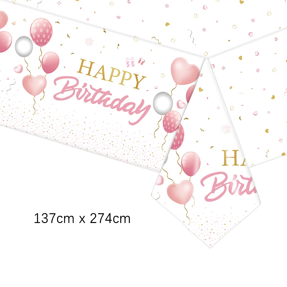 Geburtstags-Einweggeschirr-Set, rosa, goldfarben, weiße Teller, Tassen, Servietten, Tischdecke, Mädchen-Geburtstagsparty-Dekoration, Babyparty – Detail 11
