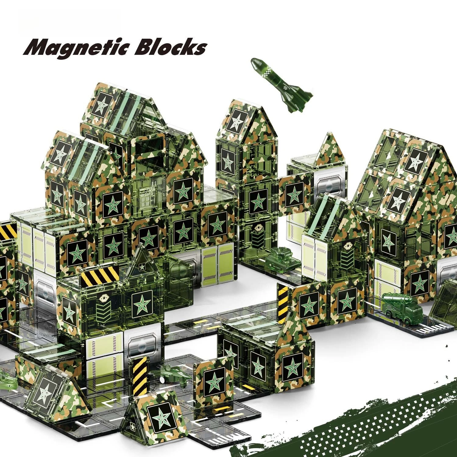 Foglio magnetico Blocco magnetico Educazione precoce Blocco di costruzione puzzle di varietà Set a tema militare Foglio magnetico da pista