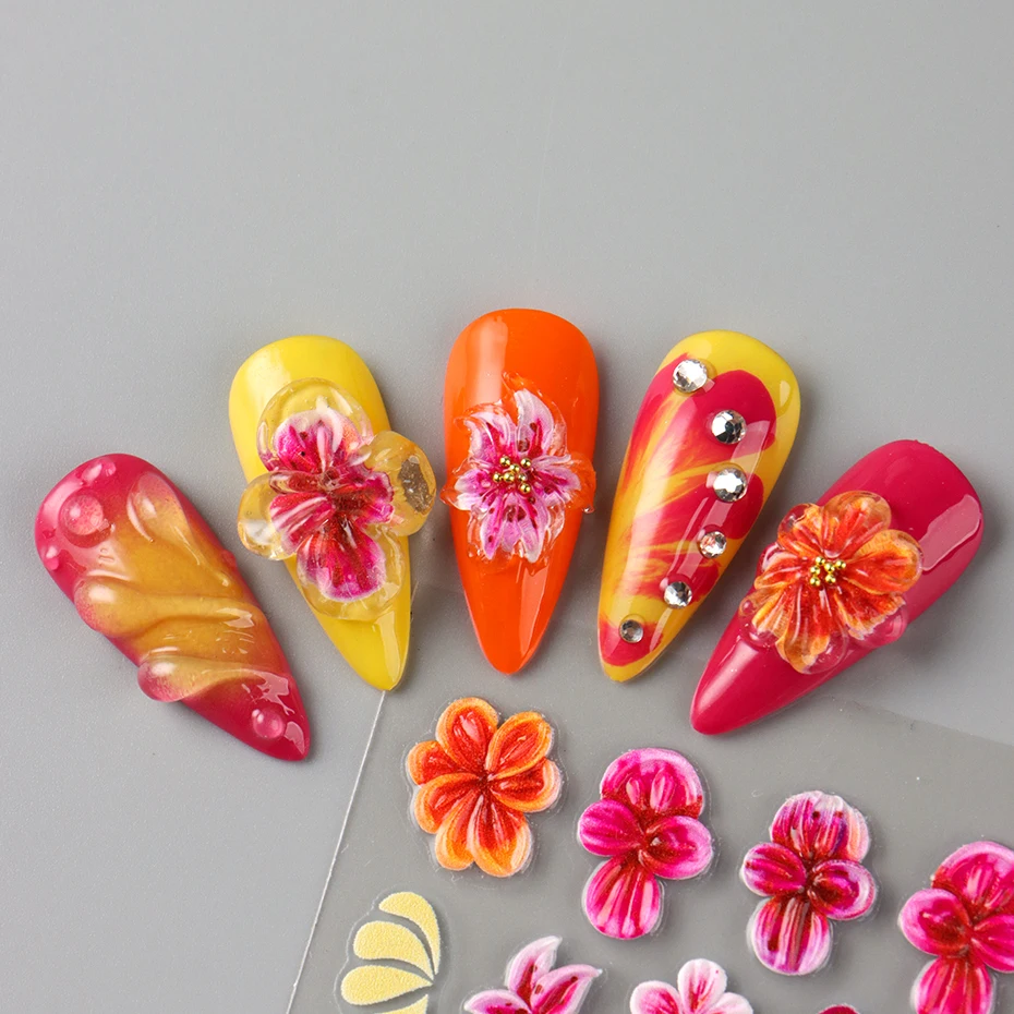 2 uds 5D en relieve rosa vino rojo pegatinas de flores para uñas orquídea Plumeria adhesivo Floral pegatinas de uñas verano océano pétalo encantos