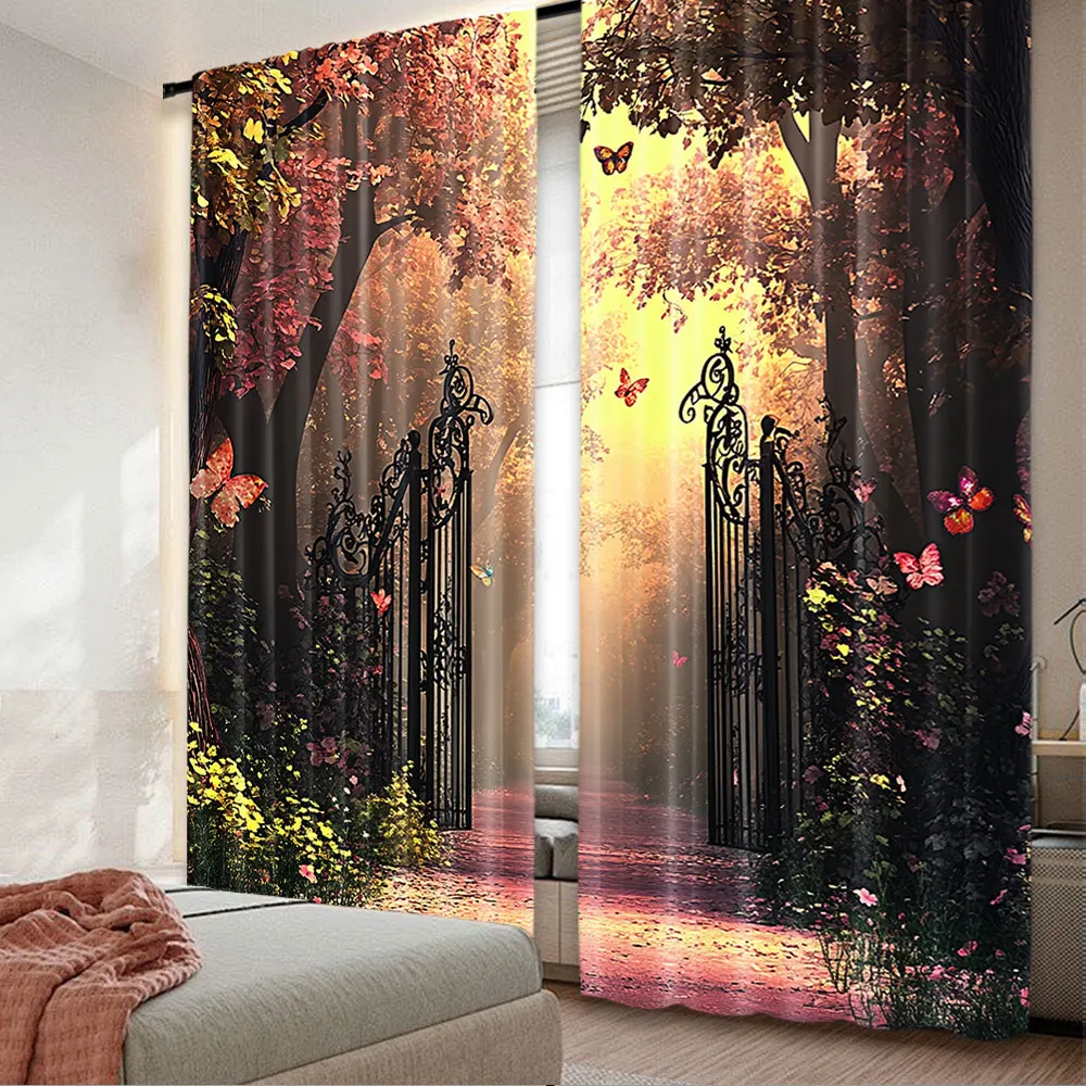 2Pcs Fantasy Nature Curtains Gate Fantasy Forest Theme Curtains Magic Dreamland Fairy Landscape Suitable For Bedroom Bathroom