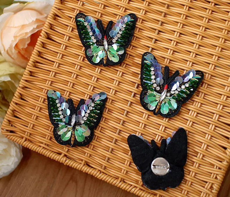 Three-dimensional sequins green butterfly beaded cloth stickers buckle pin DIY clothing women's bag brooch badge decoration