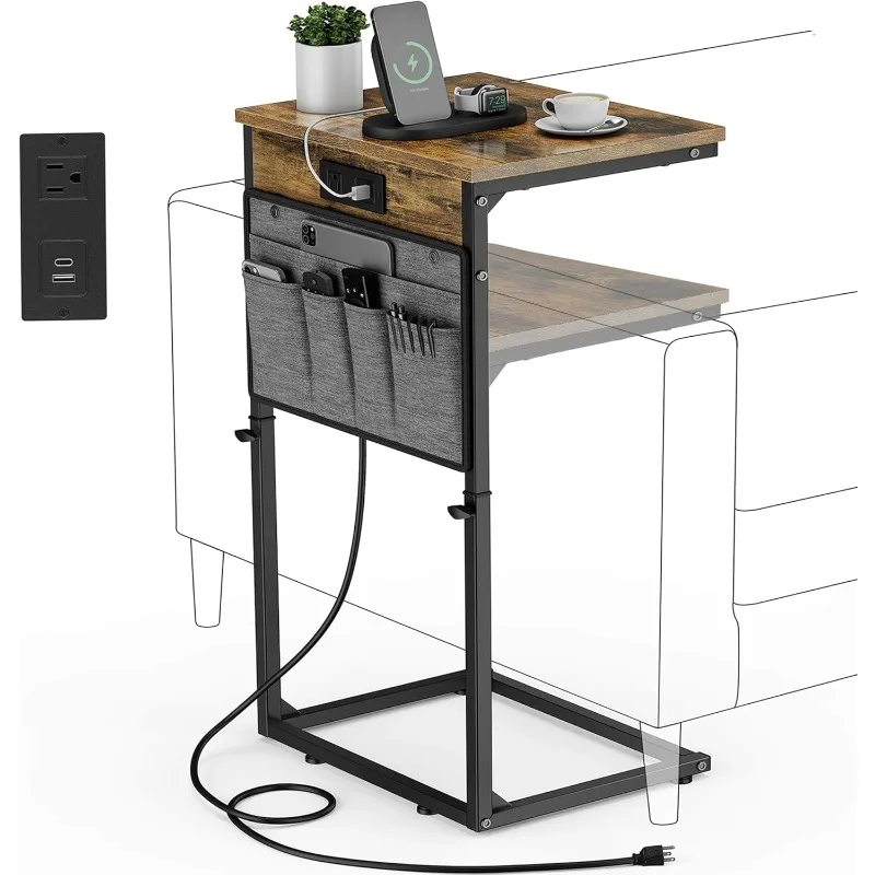 

Shaped End Table with Charging Station, 33" Tall Side Table for Couch, Sofa Table Adjustable Height Small Couch Side