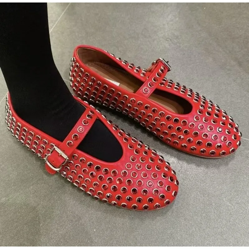 

Luxury Crystal Rhinestone Fishnet Ballet Flats Woman Brand Design Rivet Studs Mesh Mary Jane Shoes Ladies Summer Cut Out Loafers