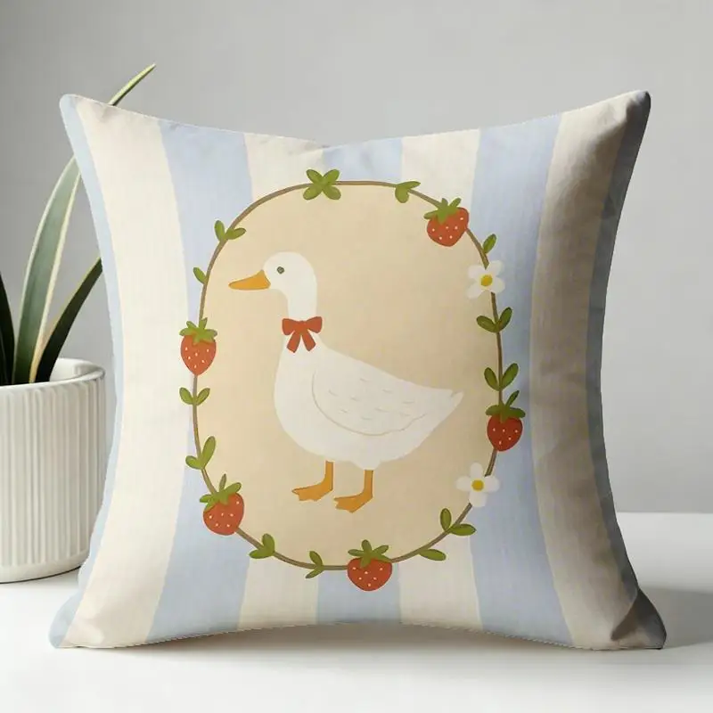 1pc Blue & White Striped Goose & Strawberry Cushion Cover Suitable for Bedside Sofa, Pastoral Decor, Zippered Machine-Washable Pillowcase with Goose Print, Fits 40x40/45x45/50x50cm Bedspread for Modern Home (Insert Not Included)