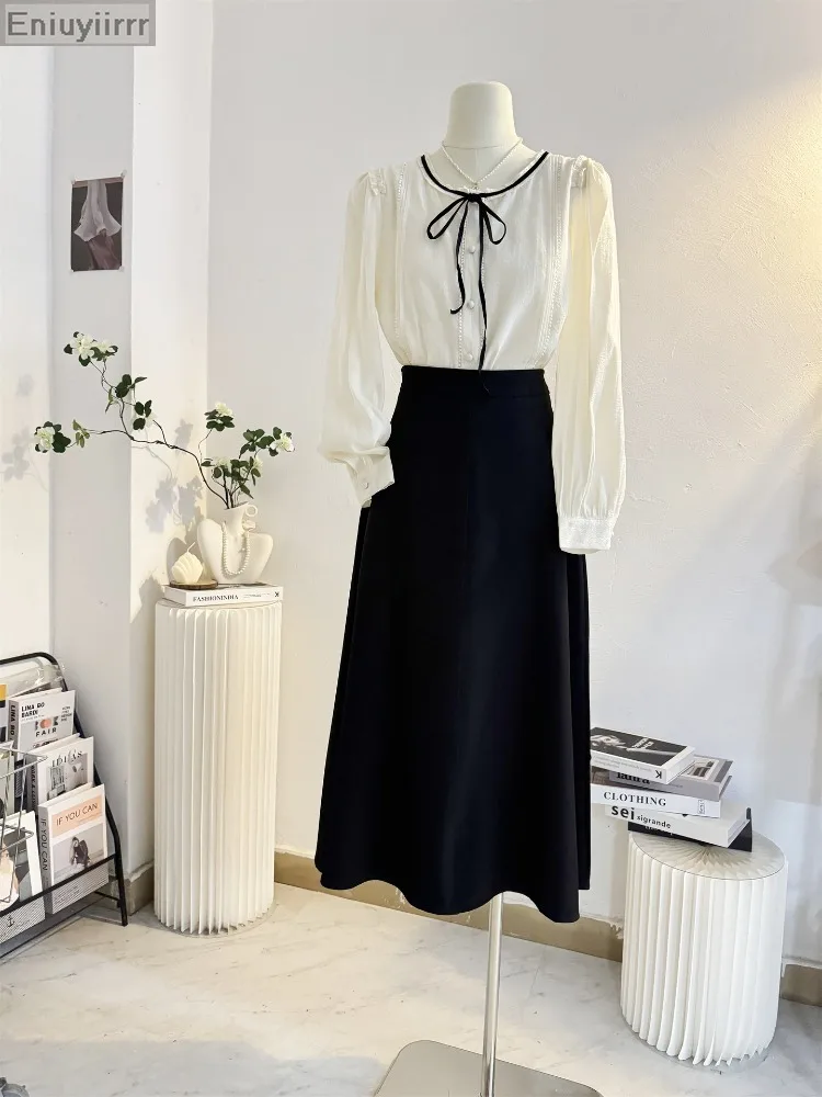 Volant da donna Carino Papillon Top Stile Preppy Vintage Coreano giapponese Design Bottone Elegante volant formale Camicie bianche Camicette