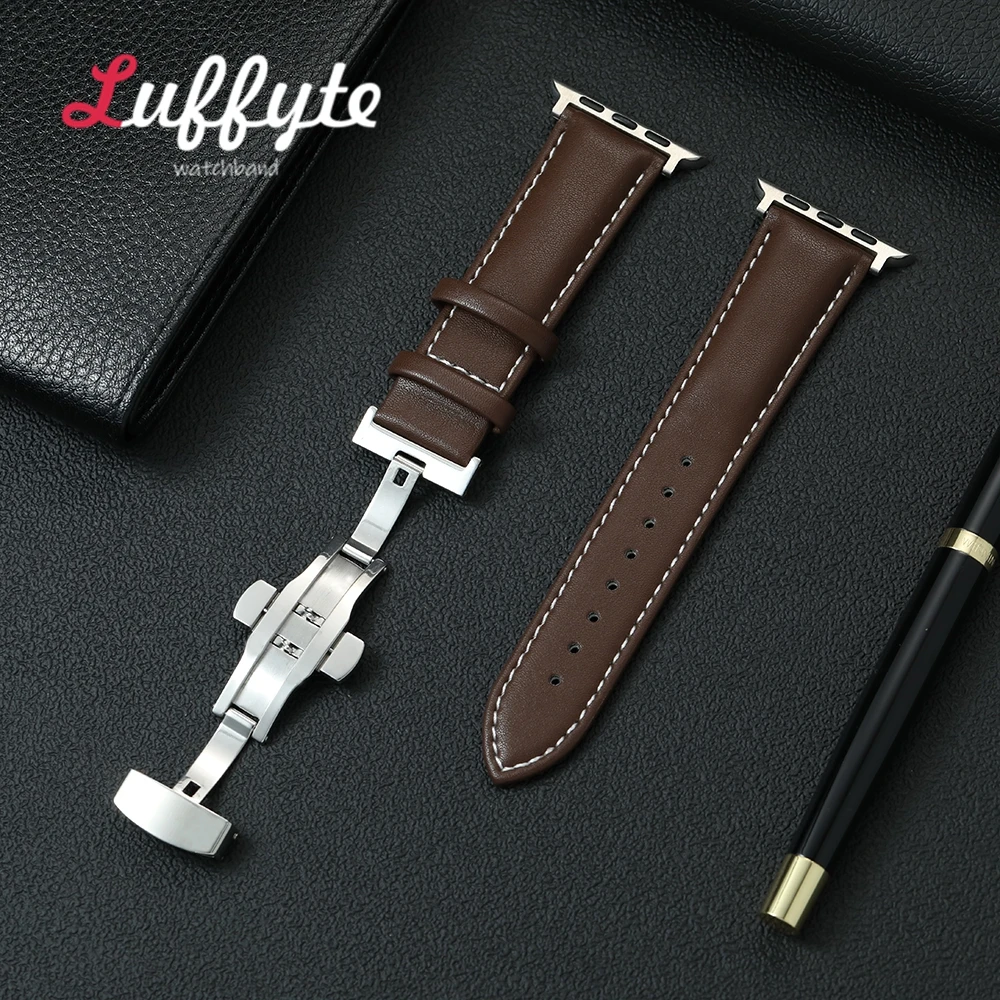 Casual PU Leather Watchbands For Apple Watch 1-10 Ultra SE 2 Butterfly Clasp Wrist Strap For iwatch 49/46/45/44/42/41/40/38mm