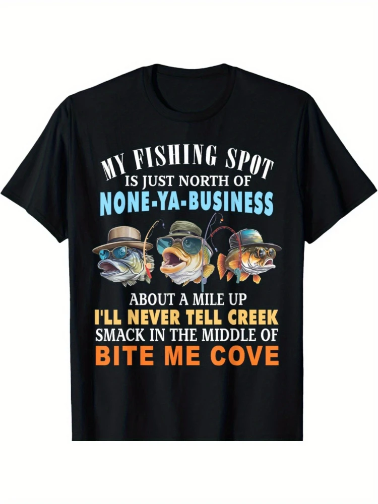 

Vintage "My Fishing Spot Is Just North Of None-ya-Business"with Humorous Fishing Design-100% cotton printed men's T-shirt.