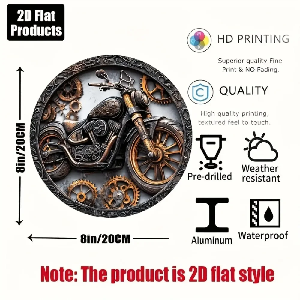 علامة معدنية عتيقة للدراجة النارية - فن دائري مسطح ثنائي الأبعاد مقاس 8 × 8 بوصة مع سلسلة وتروس، مثالية للبار/المنزل، هدية عيد الميلاد للراكبين #4