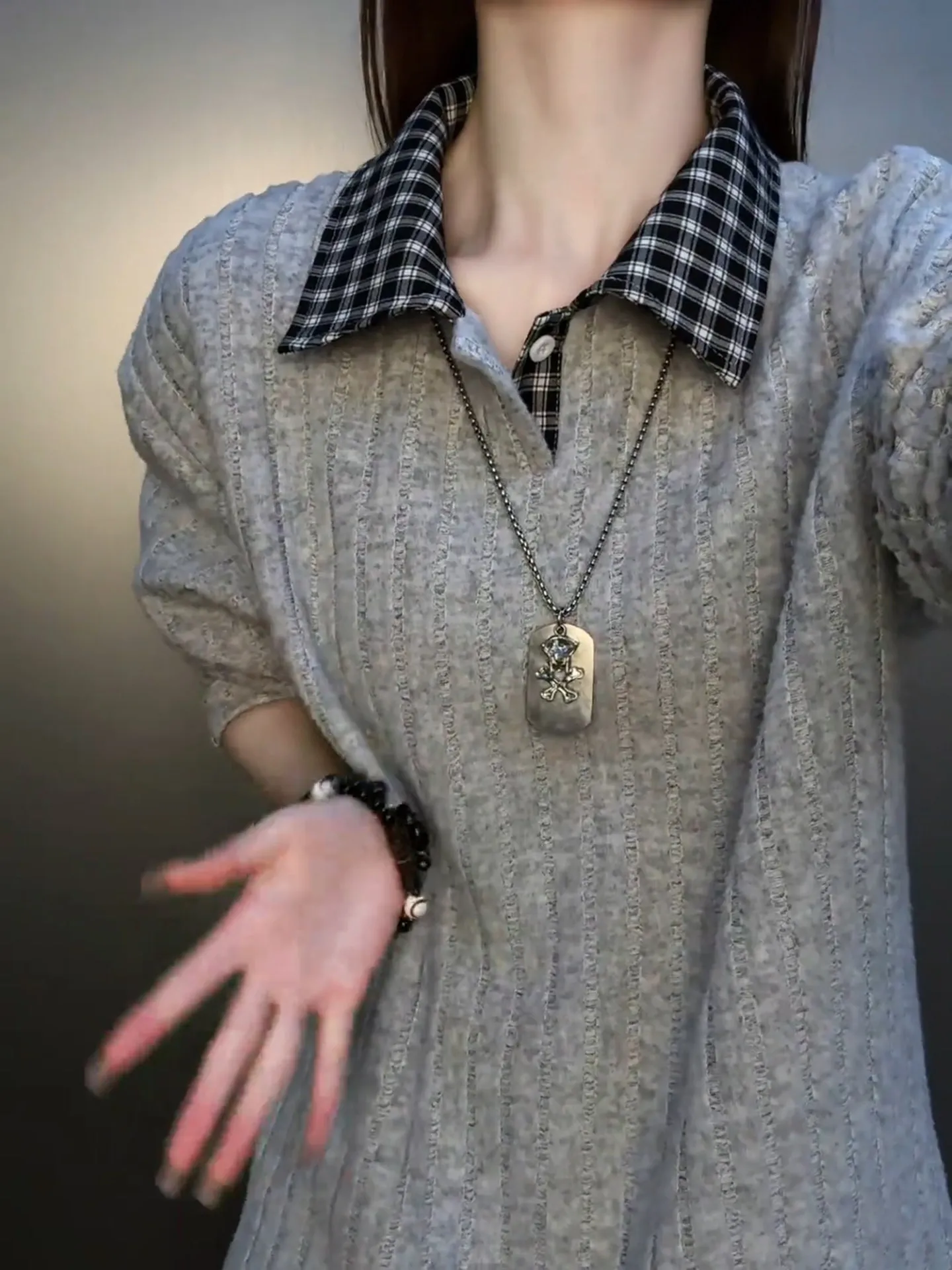 Cleanfit Plaid Patchwork Collar Flocking Striped  Shirt Hoodie Casual Loose Long Sleeve Men's T-shirt Commuting