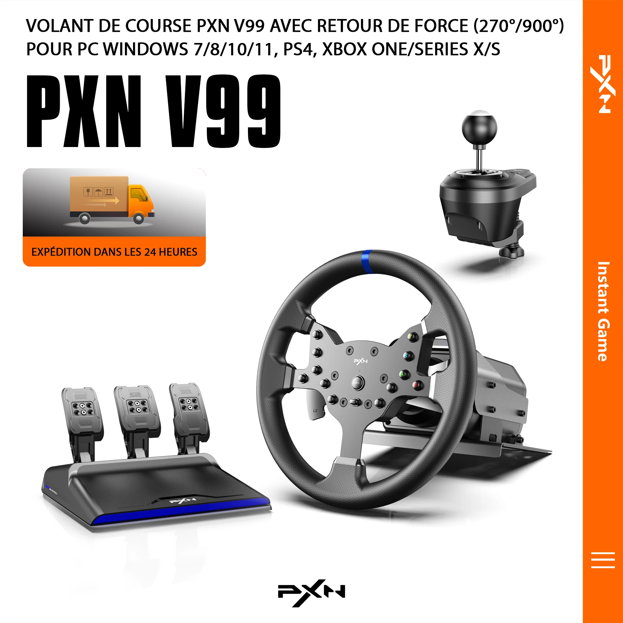 Volant de course pour PC PXN V99 avec retour de force réel, pédales, levier de vitesses, volant de jeu détachable 270/900 degrés