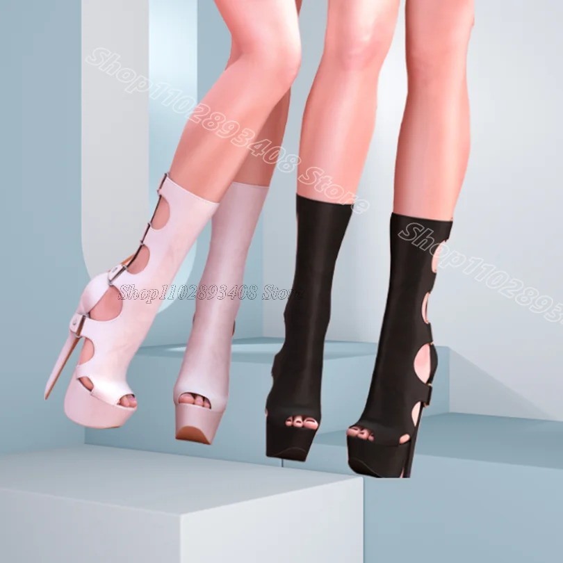 

Black Hollow Buckle Decor Sandal Boots Stiletto Peep Toe British Style Women Party Sexy Casual Fashion Boots Zapatos Para Mujere