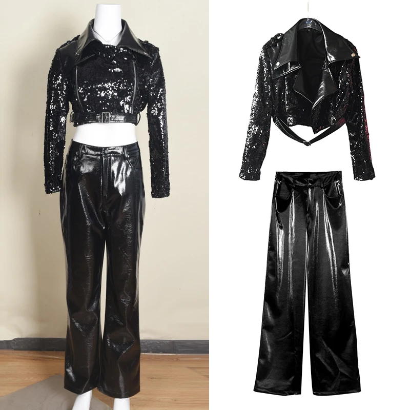 

Adult Jazz Dance Costume Women Kpop Stage Outfit Black Shinny Motorcycle Jacket Fashion Show Performance Costume Steetwear 3249