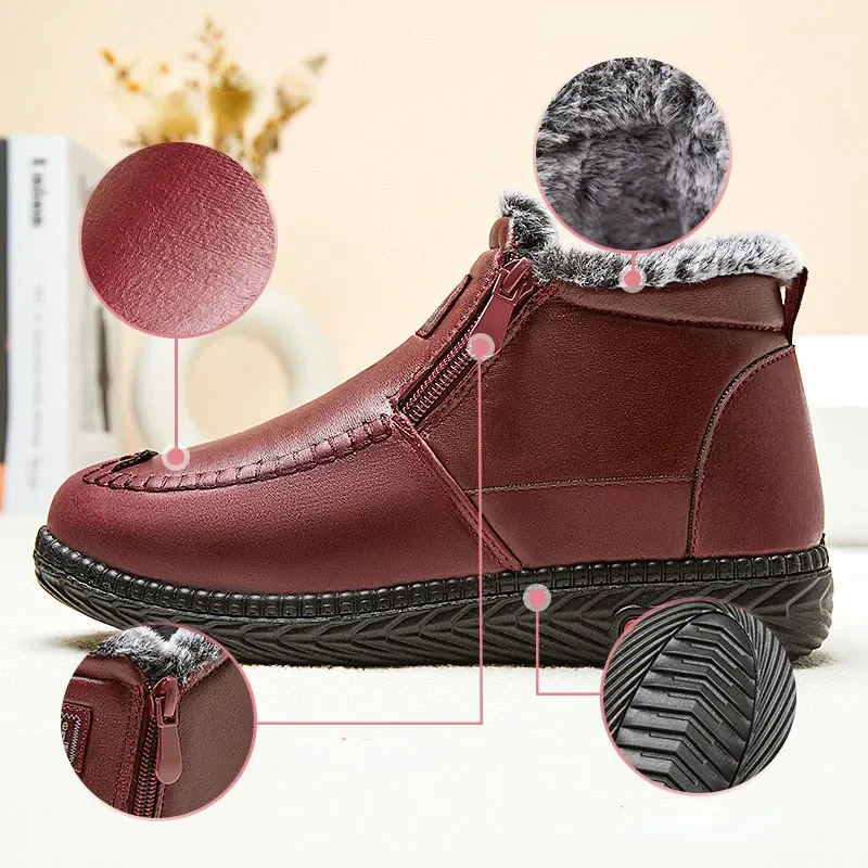 Winter Snow Boots Women Ankle Boot Retro Pu Leather Mother Shoes Warm Plush Comfy Zipper Waterproof Female Footwear Botas Mujer