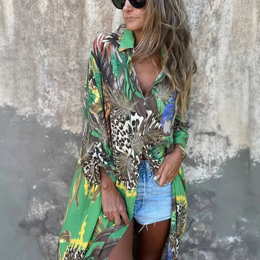 

2026 Casual Printed Shirts Fashion Lapels Button Shirts Extra Long Shirt Spring New Long Sleeved Split Top