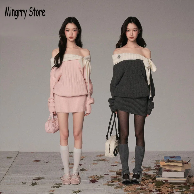 

Woman Sweater Dress For Winter Sexy Off Shoulder Knitted Sweater Dress Female Casual Solid Long Sleeve Warm Mid Length Dresses