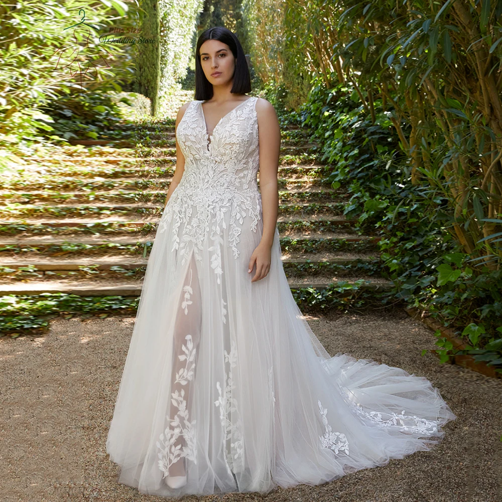 

Elegant Wedding Dresses Plus Size V-Neck Sleeveless Tulle Bride Gowns Appliques Sweep Train Front Slit A-Line Vestido De Novia