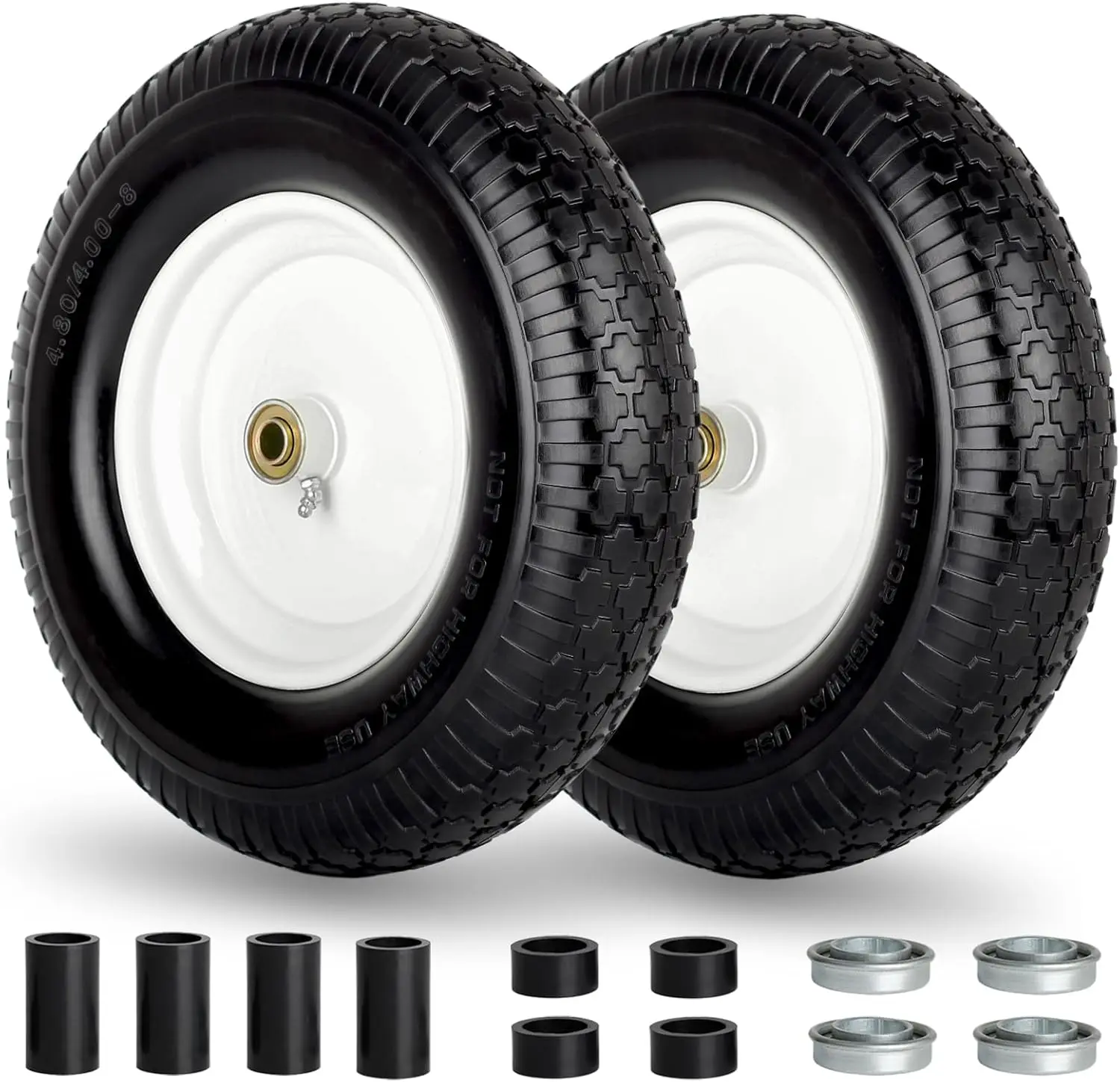 

16" Flat-Free Solid Tire & Wheel, 4.80/4.00-8 Size, 5/8" Axle Bore, for Garden Cart Replacement (2 Pack)