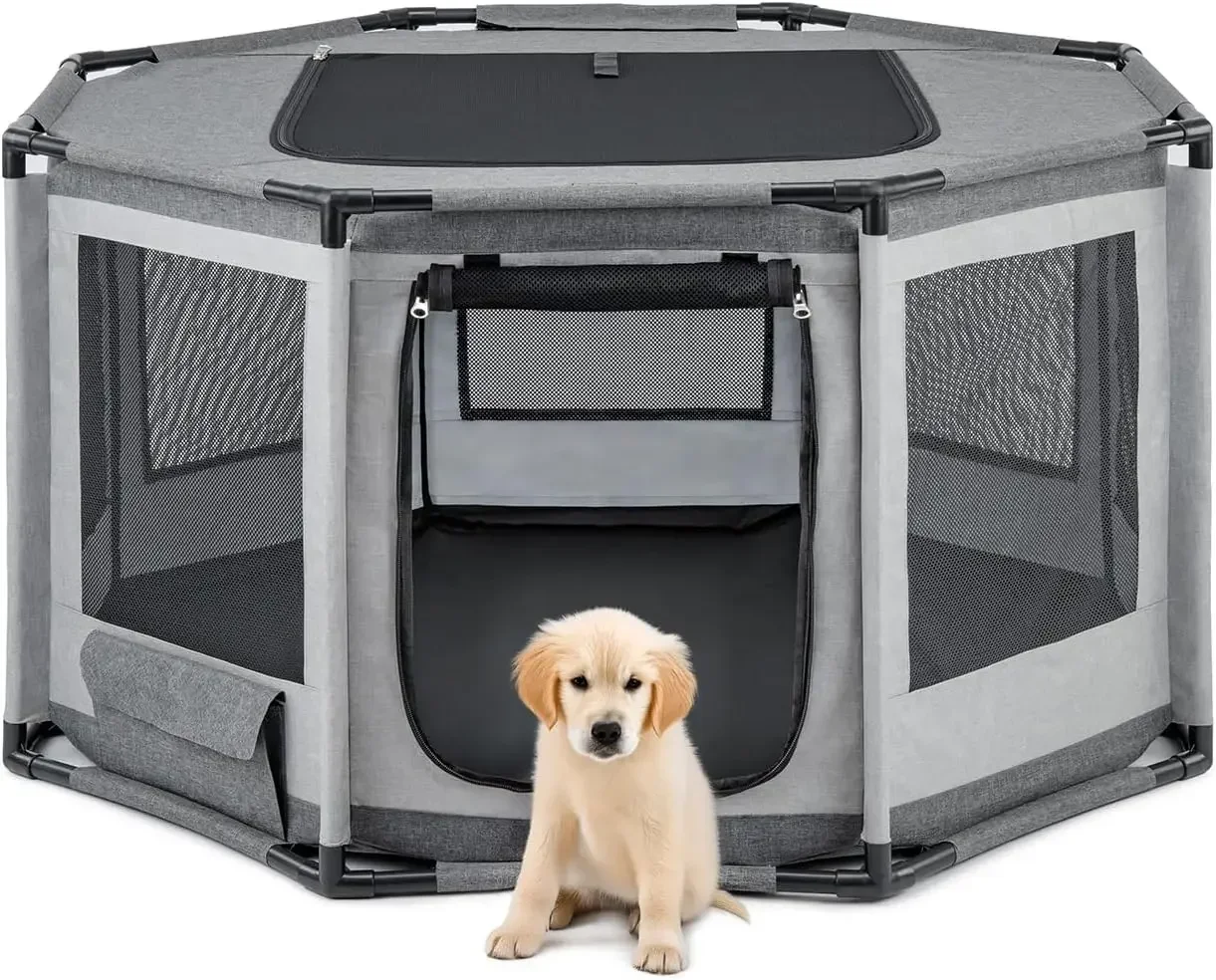 lionto WelpenausLauf aus Oxford-Gewebe, atmungsaktives Netz mit Reißverschluss & Seitentasche, Freilaufgehege Dokument Hunde & Katzen