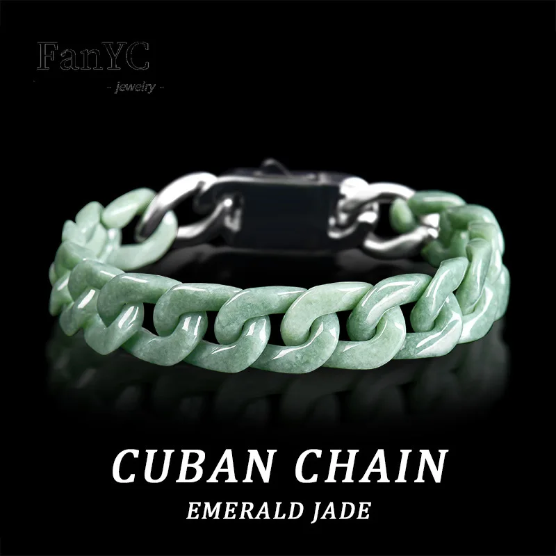 High-end Natural Jadeite Bean Green Cuban Chain Bracelet Fashionable and Simple Titanium Steel Jade Necklace for Men and Women
