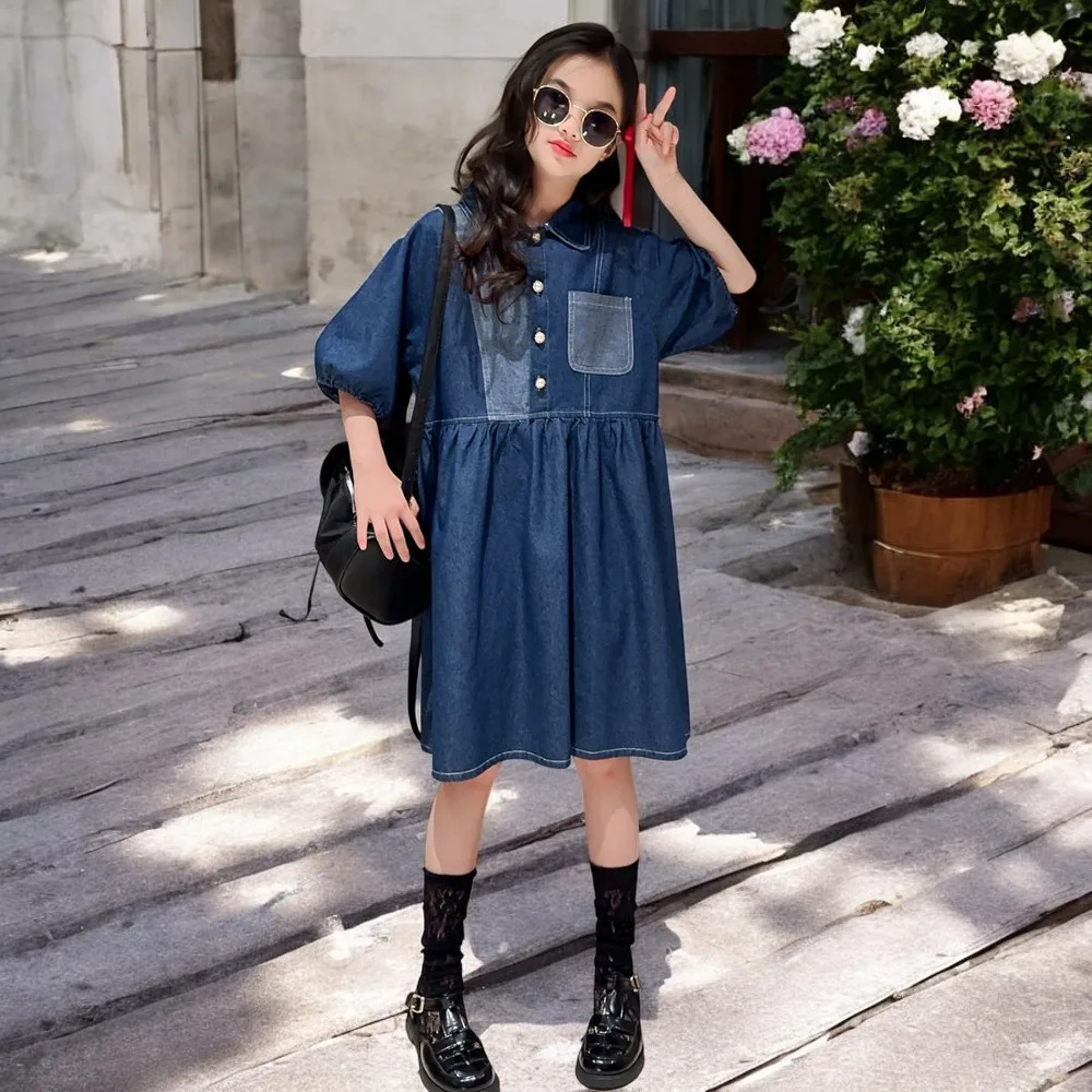 Summer Girls Denim Dresses Baby Outfits  Kids Clothes Sleeveless Long Party Dress Kids Princess Costumes 6 8 9 10 11 12 13 Years