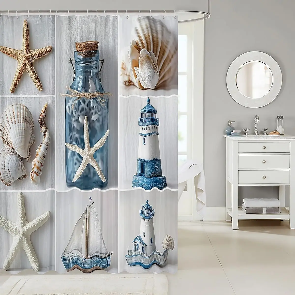 Nautical Shower Curtain,Beach Shell Bath Curtain Marine Sail Boat Waterproof Shower Curtain for Kids Teens,Sea Life Cloth Fabric