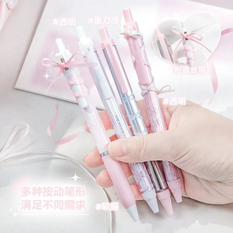 4Pcs INS Aesthetic Pink Ballet Ribbon Series Gel Pen 0.5mm Black Ink Cute Student Exam Notes Writing Pen Kawaii Girls Stationery