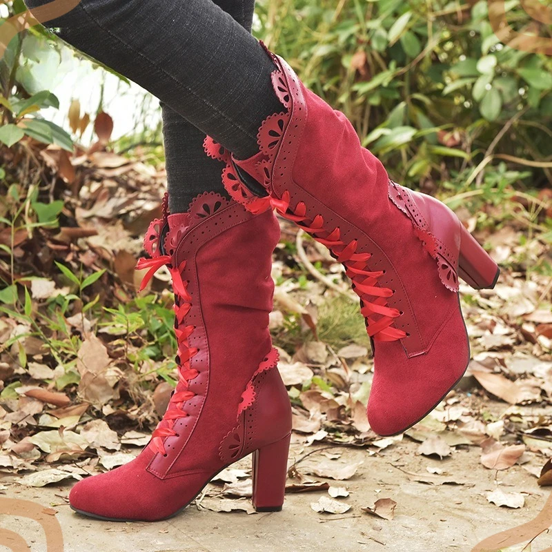 Retro Women's Boots Exquisite Lace Up High Heel Boots for Woman Elegant Round Toe Mid Calf Boots Designer Shoes Botas De Mujer