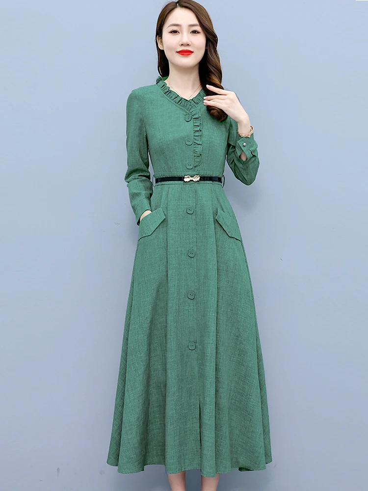 Spring Autumn Long Sleeve Cotton Linen Midi Dress Women Elegant Bodycon Office Lady Dress 2024 Vintage Solid Casual Party Dress