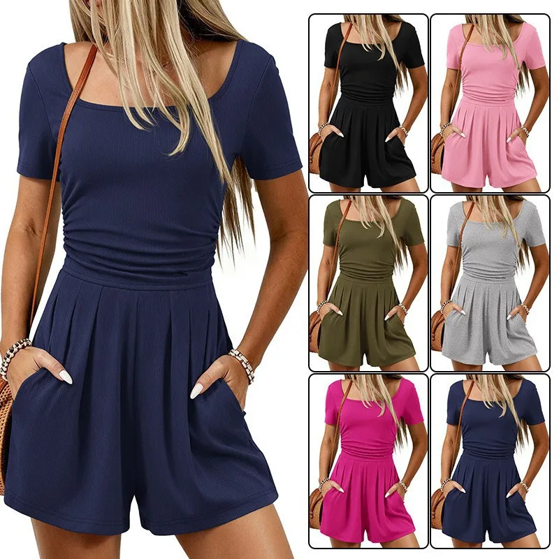 

Short Jumpsuits and Rompers Ladies Short Sleeve Casual Pockets Playsuits Wide Leg Bodysuits for Women Summer Wear