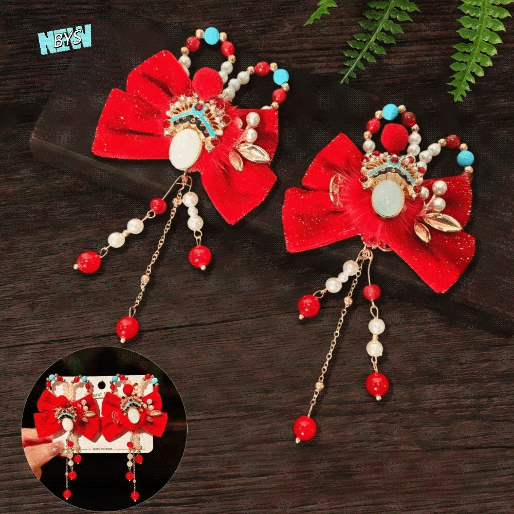 

1 Pair Chinese Style Hanfu Red Hair Clips Pearl Flower New Year Headwear Ancient Cute Bow Tassel Hairpin New Year Gifts