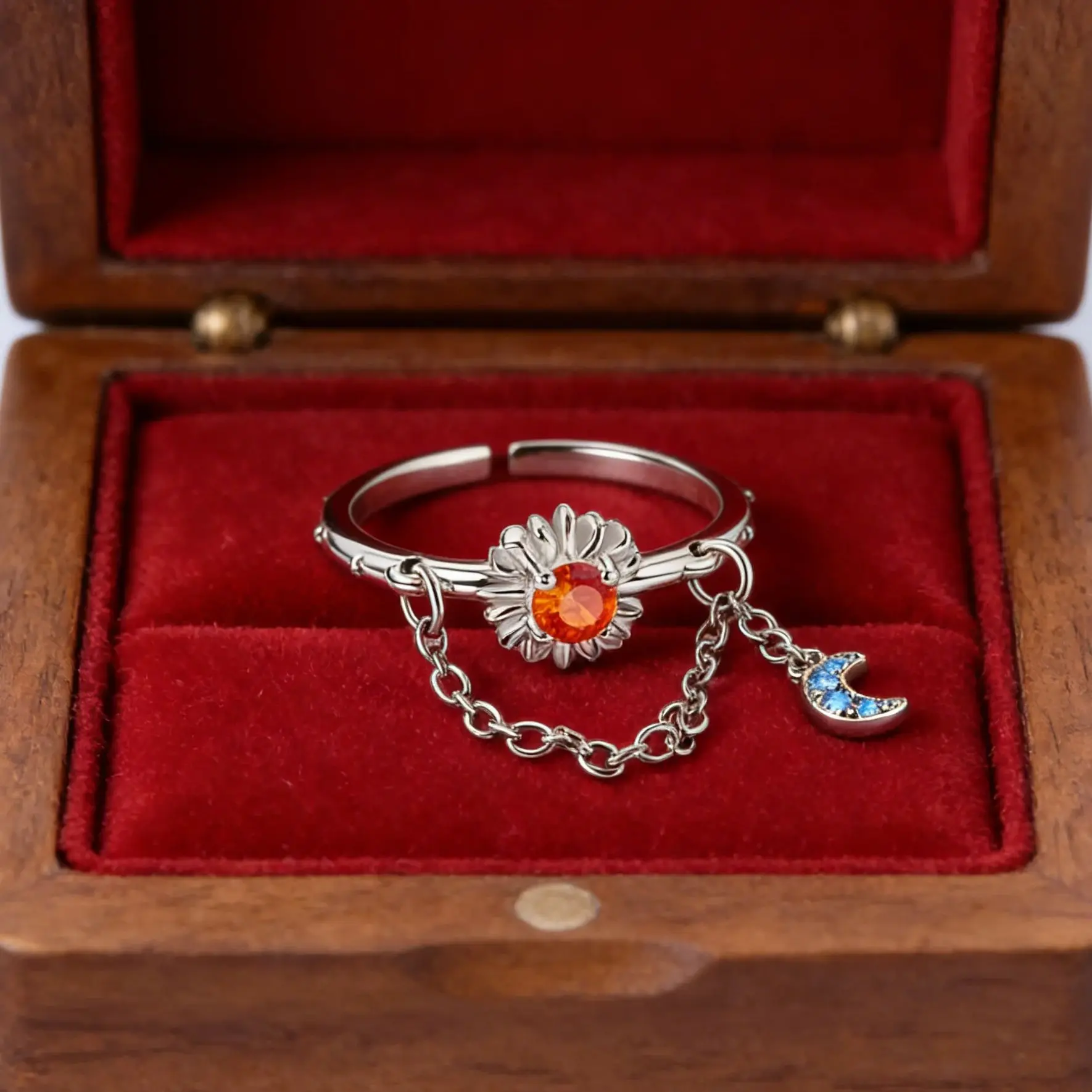 

925 Silver Ring Sun Stars Moon Tassel Open Ring For Lady Adjustable Wedding Jewelry