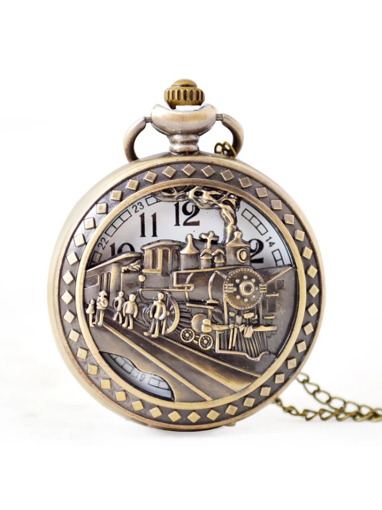 Squisito orologio da tasca grande con locomotiva cava inciso, versione classica, orologio da tasca al quarzo nostalgico
