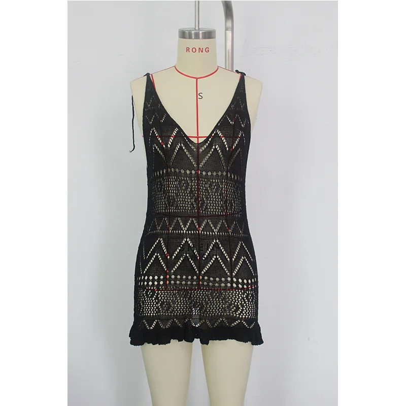 ゼイラ 2025 サマードレス ヨーロッパ風ニット ストラップ付き ディープV シースルー カットアウト フレアヘム セクシー ビーチ ボディコン スリム バケーション パーティー 衣装