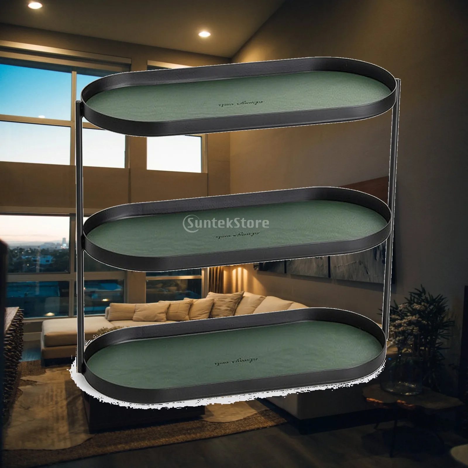 Oval Tabletop Rack with Leather Shelves Space-Saving 3-Tier Organizer with Leather Shelves Countertop Organizer Shelf Sturdy