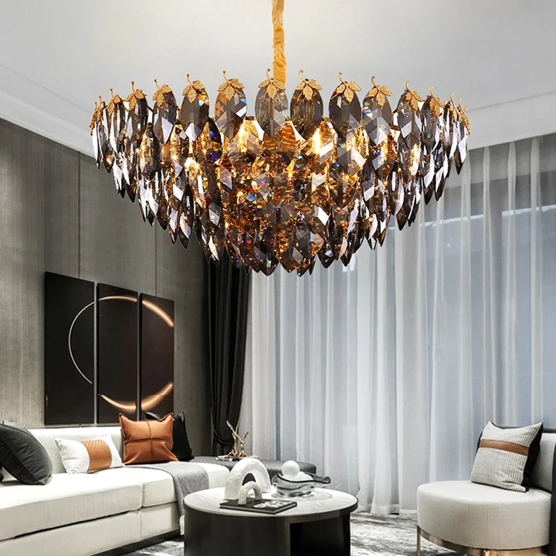 Modern Lustre Luxury Smokey Leaves  Crystal Ceiling Chandelier Light For Living Room Dining Room Hotel Lobby Decor Pendant Lamps