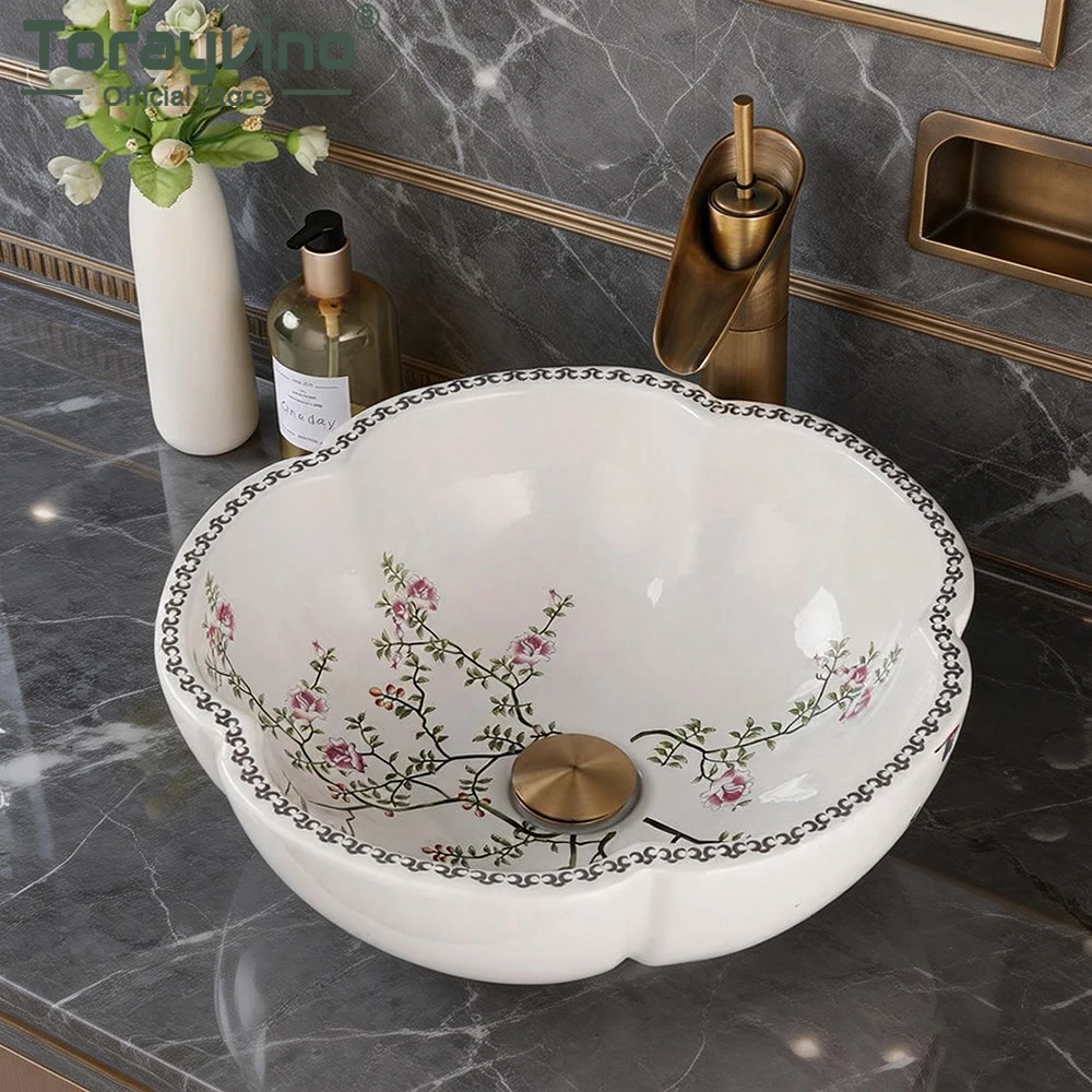 Torayvino Ceramic Bathroom Sink Faucet Set Washbasin Bowl Vanity Art Above Counter Flower Bird Pattern Vessel W/ Pop Up Drain
