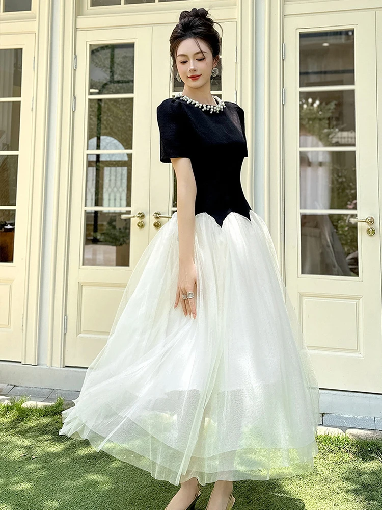 매력적인 우아한 흑백 이브닝 드레스 여성 진주 네크라인 시어 튤 가운 칵테일 파티 드레스 갈라스 사회 행사