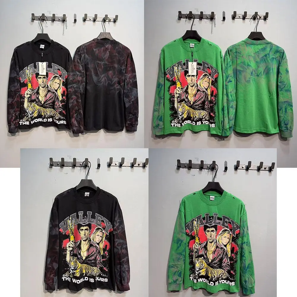VALLEY VALE Light Luxury Rhinestone Ripped American Portrait Letter Logo Commuter INS Trendy Long Sleeve T-Shirt