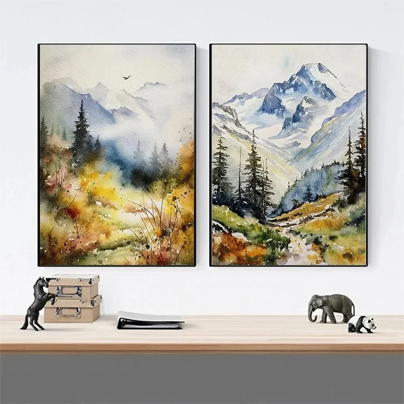 Watercolor Mountains Devils Tower Mount Rainier Canvas Painting Impressionism Poster Print for Living Room Home Decor