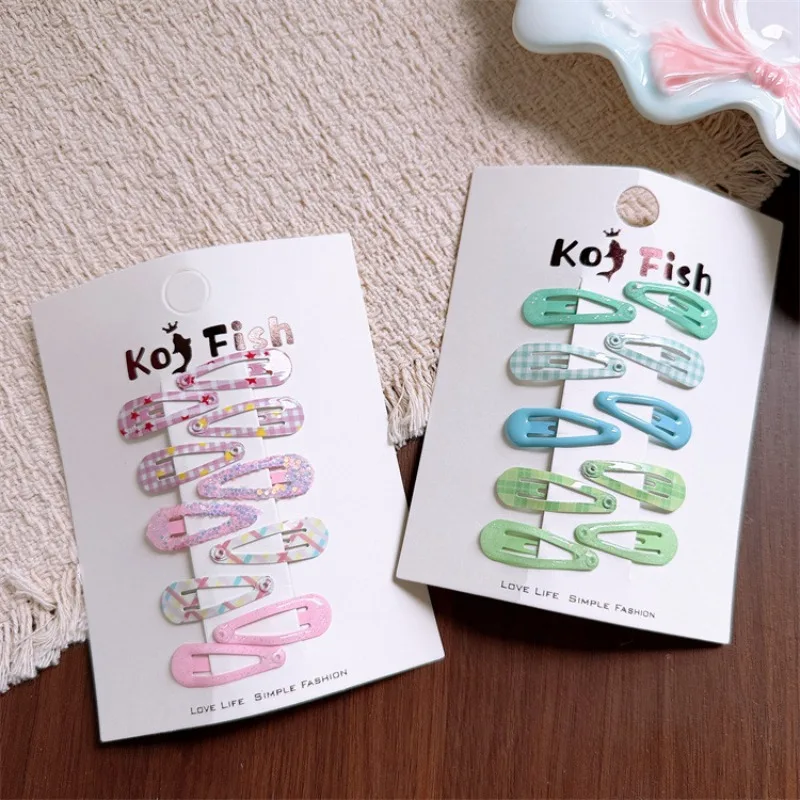 10pcs/set Printed Plaid Water Drop BB Snap Hair Clips Kids Sweet Girls Side Bangs Stray Hair Pins Cute Forehead Clip Accessory