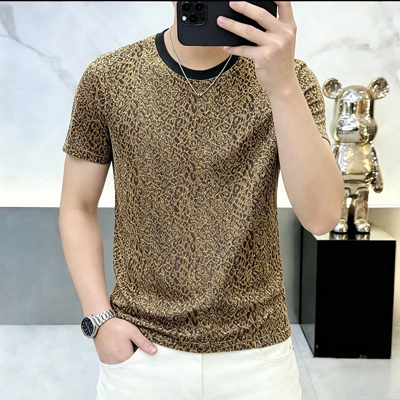 Metallic Fiber Polyamide Blend T Shirt For Men Short Sleeve Ice Summer Quality Soft Comfortable Leopard Tees Camisetas De Hombre
