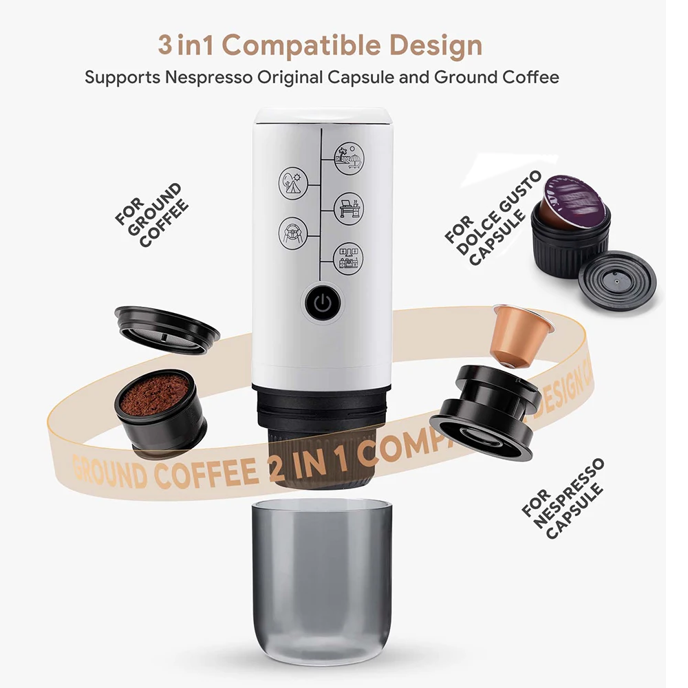 Travel Portable Espresso Coffee Machine for Car & Home Camping Coffee Maker 2-in-1 Capsule Powder  Nespresso or Dolce Gusto