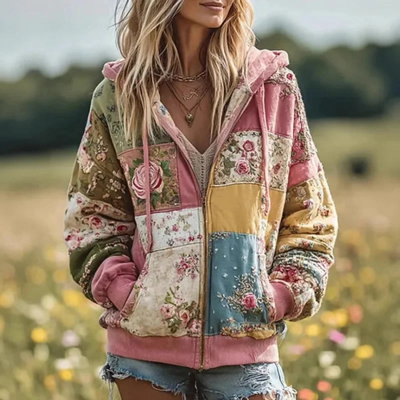 Print Flower Hoodie Top Women Autumn Spring French Y2K Hoodie Casual Floral Hoodie Loose Thin Polo Neck Coat Oversized Top New