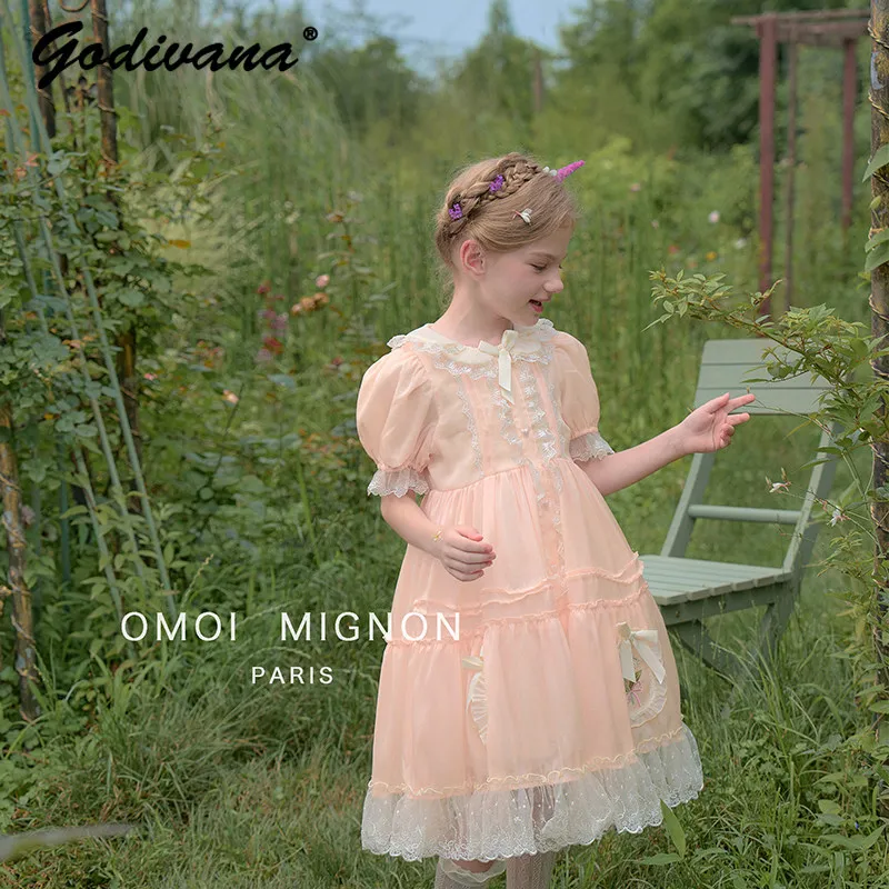 Original French High End Elegant Baby Girls Summer New Orange Lolita Princess Dress Kids Doll Collar Lace Trim Bow Mesh Dress