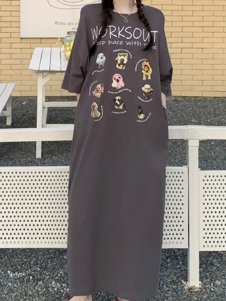 Oversize ฤดูร้อนพิมพ์การ์ตูน T เสื้อชุดยาวผู้หญิงเกาหลีแฟชั่นแขนสั้นหลวมชุดผู้หญิงสุภาพสตรีชุด Vestidos